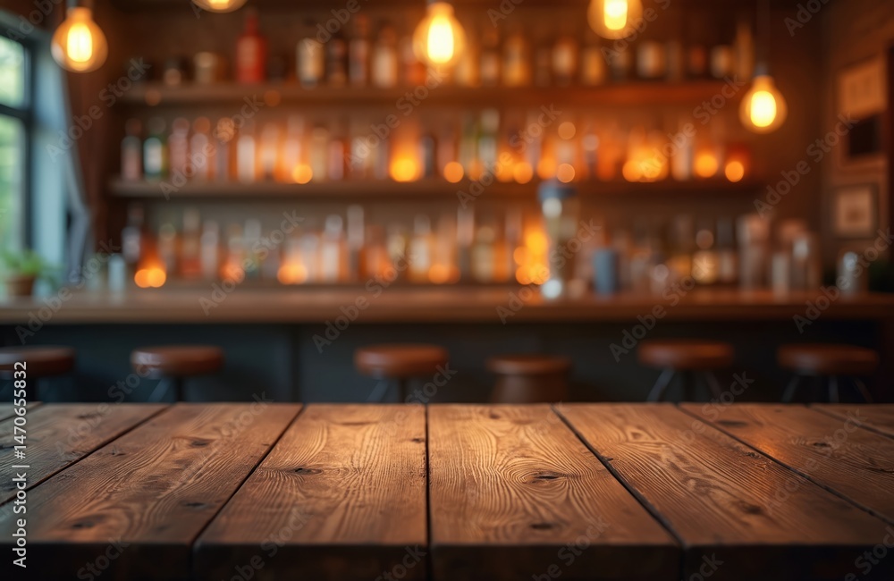 Poster empty wooden table top with blurred bokeh background night bar interior. focus on textured surface, 