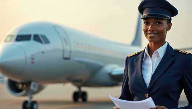 Confident black woman pilot in airline uniform stands front of commercial airplane on runway. Pro female aviation leader, ready for flight. Inspiration, diversity, career success concept.