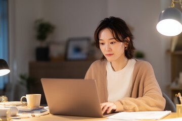 Asian woman working alone in a serene home office, comfortably managing spreadsheets and organizing documents on her laptop. Surrounded by soft lighting, neutral tones, and a minimalistic
