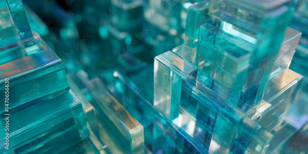 Aufkleber Abstract image of stacked turquoise glass blocks creating a three-dimensional texture, suggestive of modern architecture or technology, suitable for design backgrounds