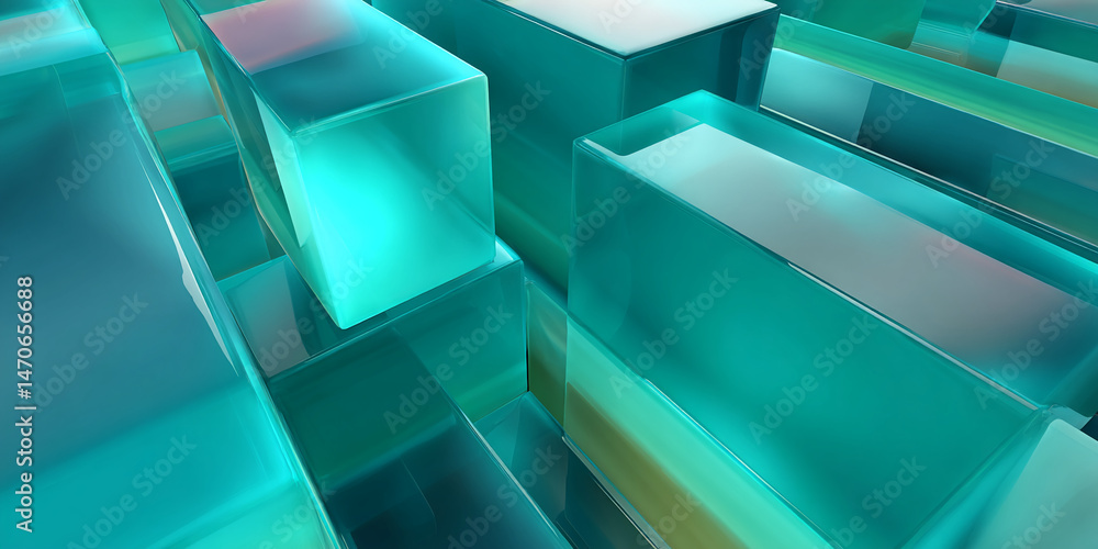 Poster Abstract image of teal glass cubes, creating a dynamic and modern design, showcasing a sleek and polished aesthetic, ideal for presentations or technology concepts