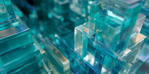 Abstract image of stacked turquoise glass blocks creating a three-dimensional texture, suggestive of modern architecture or technology, suitable for design backgrounds