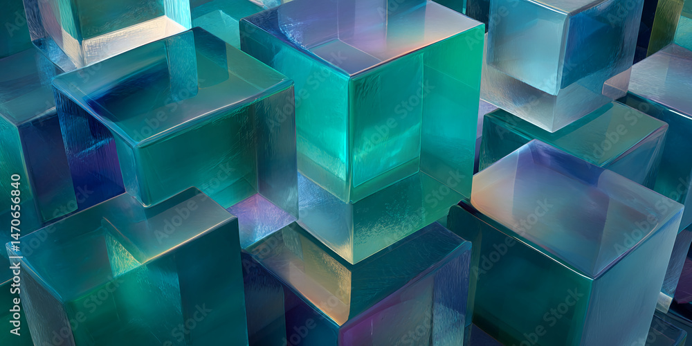 Poster teal and blue glass cubes create a textured, abstract composition. the image showcases a modern, geo