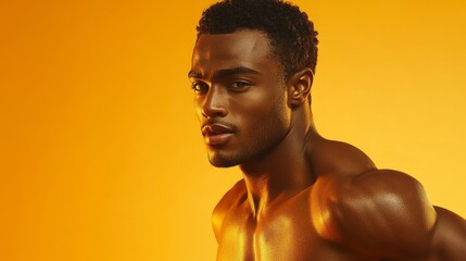 Close-up portrait of a muscular man against a vibrant backdrop.