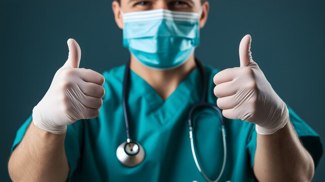 Smiling Doctor Giving Thumbs Up in Medical Uniform