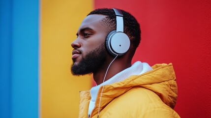 Profile view of a man listening to music outdoors.