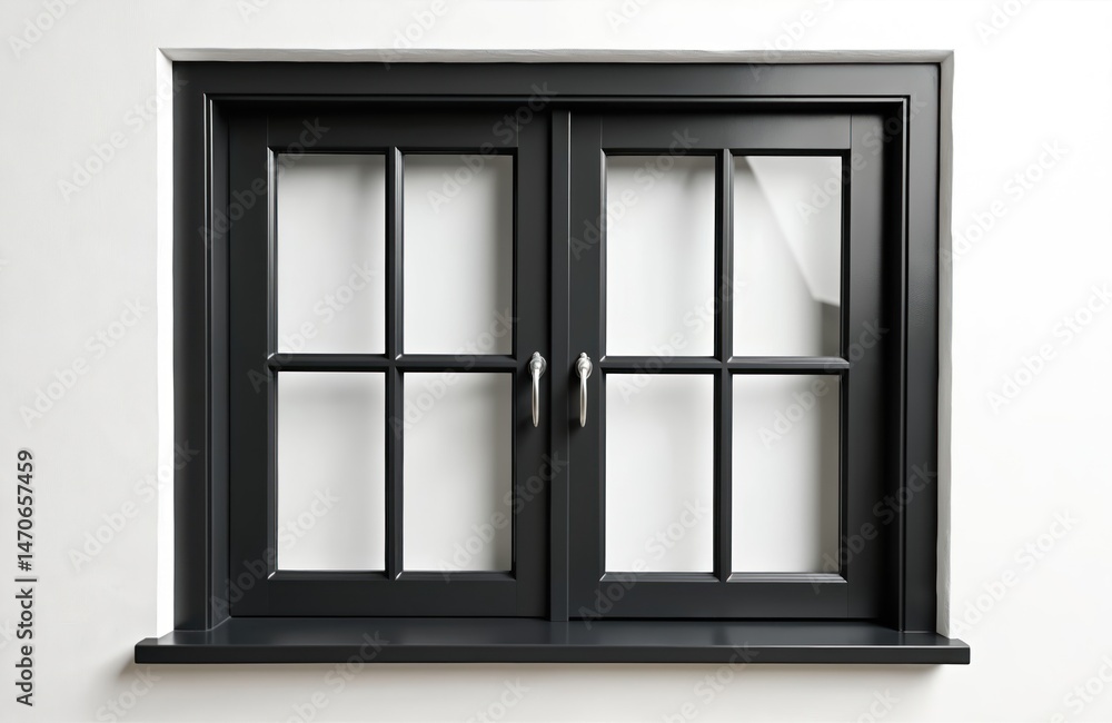 Poster black double-hung window against white wall background. dark window frame features grid-like muntins