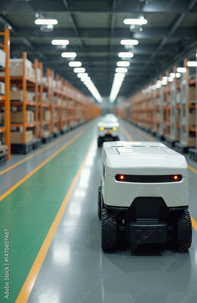 Poster Automated Guided Vehicles AGVs transport materials across factory floor. Robots follow precise routes without human control, optimizing production. AGVs streamline logistics, enhancing efficiency,