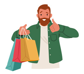Happy satisfied guy cartoon character showing shopping bags gesturing thumbsup due to great sale