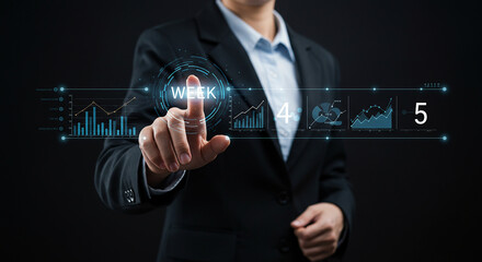 Businesswoman interacting with futuristic HUD interface with financial graphs and analytics