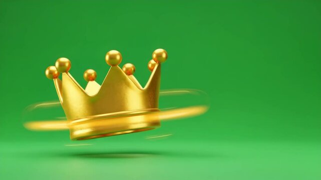 A shiny golden crown spins smoothly against a solid green backdrop, symbolizing royalty, power, and prestige in a clean and modern style.