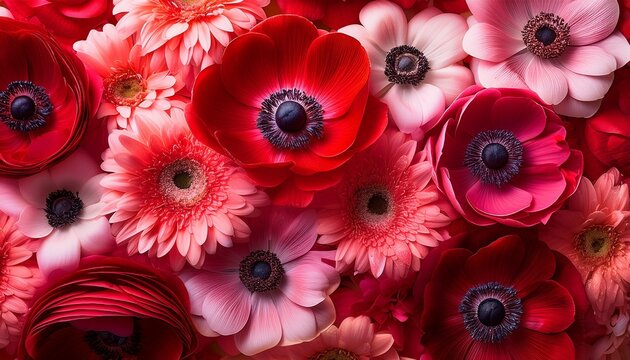 red and pink floral background with anemone and germini flowers