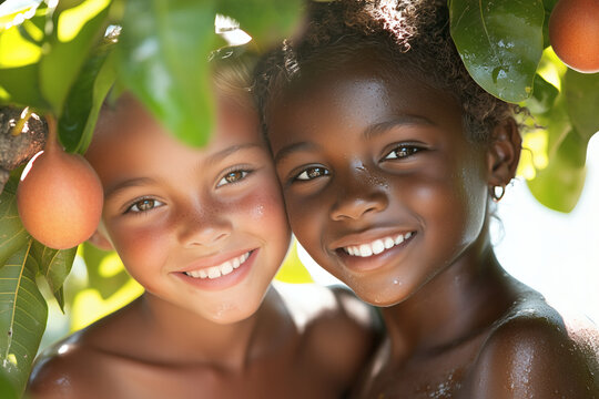 Close-up portrait of two smiling children enjoying a sunny day under a tree with ripe fruit