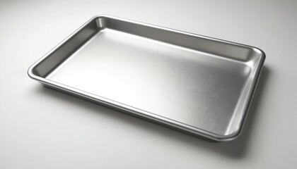 Isolated rectangle baking sheet, essential metal kitchen tool. Empty teflon coated tray for cooking cookies, pizza. Clean stainless steel surface. For oven, cooking, baking.
