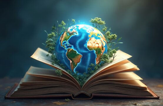 AI-generated illustration of world globe atop open book, symbolizing knowledge, education, and global scope of learning. Earth is surrounded by flourishing green plants, trees, growth, eco concept.