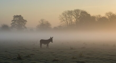 Donkey in a Misty Field - Photo