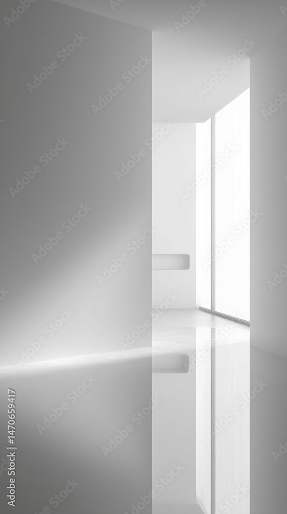 Poster minimalist white room with large window and reflective floor, showcasing clean lines and ample blank