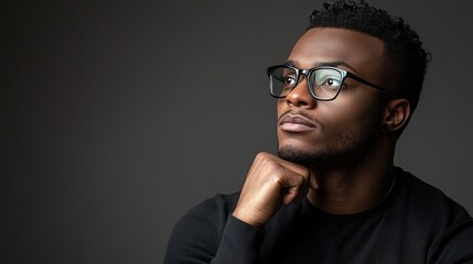 Fototapeta premium Thoughtful young man in contemplation against a dark background.