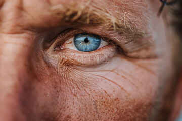 Intense blue eye detail, captivating gaze and weathered skin textures convey age and experience with piercing clarity. Photorealistic art.