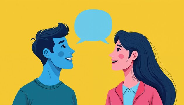 Illustration shows two people facing each other, talking. Blue man and pink woman with speech bubble over heads. Yellow background. Communication, dialog, interaction, relationships concept.
