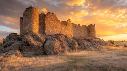 Obraz premium Ancient stone ruins at sunset golden hour dramatic landscape sky red wall view calm wild rocks brown