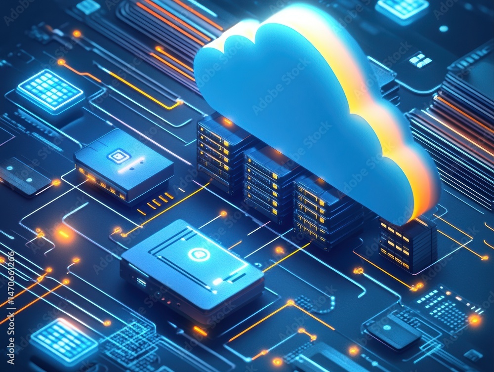 Poster Futuristic Cloud Computing Concept with Data Servers and Circuit Patterns