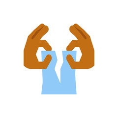 Two hands tearing a light blue piece of paper with a white background in a minimalist style illustration