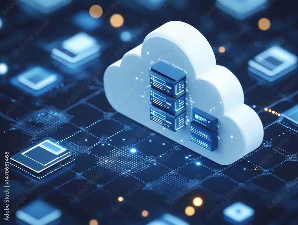 Poster Cloud Computing Concept with Server Rack Inside a Cloud Icon on a Digital Background