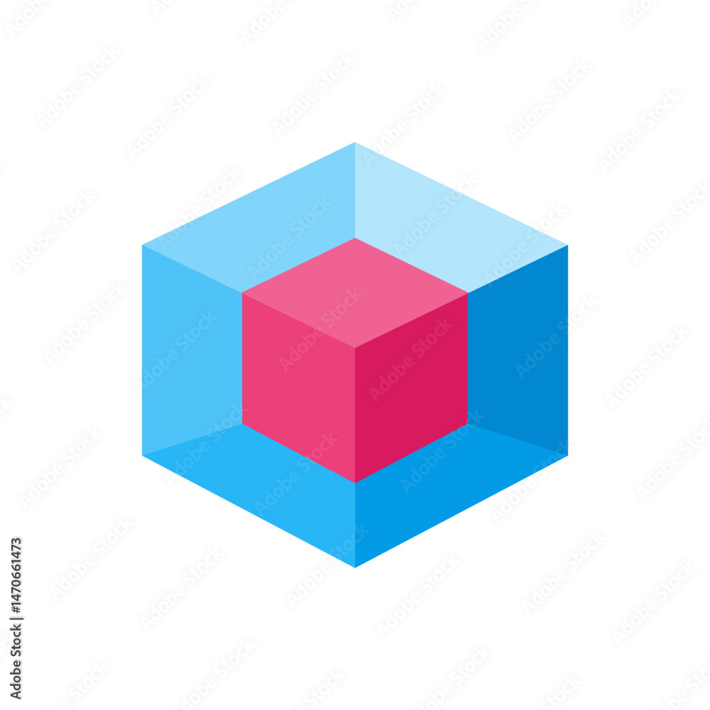 Poster isometric view of a smaller pink cube inside a larger translucent blue cube against a white backgrou