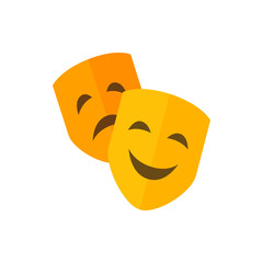 Two theater masks one happy yellow and one sad orange representing drama and emotions on a white background