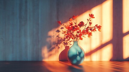 Sunlight illuminates a teal vase with reddish flowers.