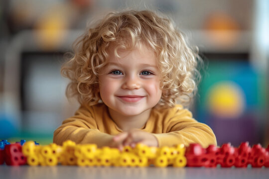 Smiling Curly-Haired Toddler Playing with Colorful Building Blocks