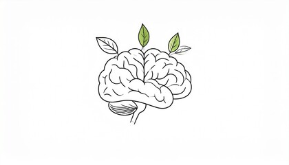Minimalist brain with green leaves. Symbol of mental wellness, Mental Health, neuroplasticity, mindfulness, eco-psychology. Perfect for therapy, wellness, education visuals. Ai Generated