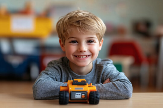 Smiling Boy Playing with Toy Robot at Table in Classroom