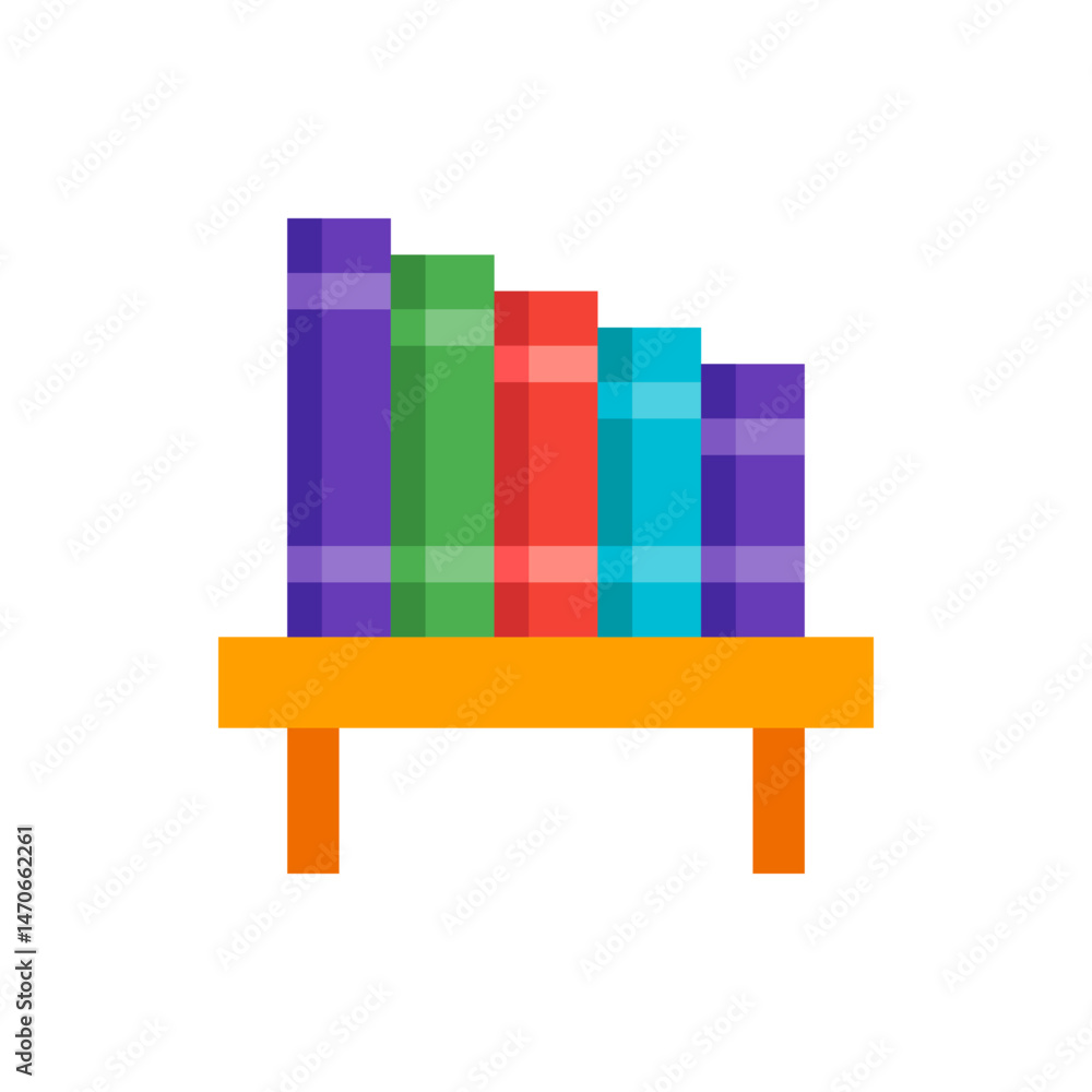 Poster a simple illustration of a bookshelf with five colorful books arranged in a row on an orange shelf