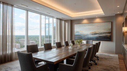 Long wooden conference table, gray chairs, city view from large window, abstract art on wall, showcasing modern office space, ideal for business or corporate settings