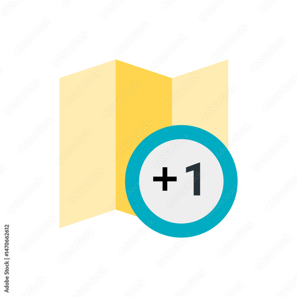 Poster yellow folded map icon with a blue and white circle containing a plus sign and the number one symbol
