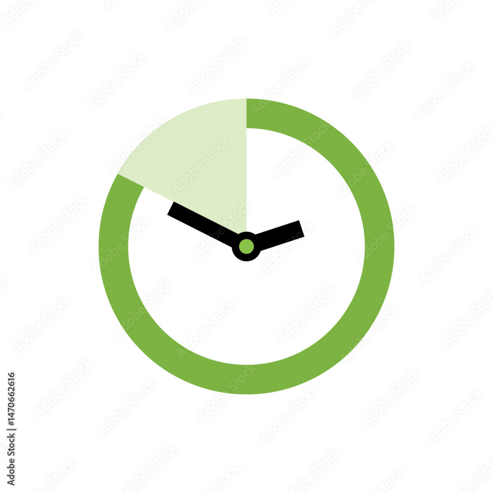 Poster a clock face with a green border and black hands indicating a specific time with a shaded area at th