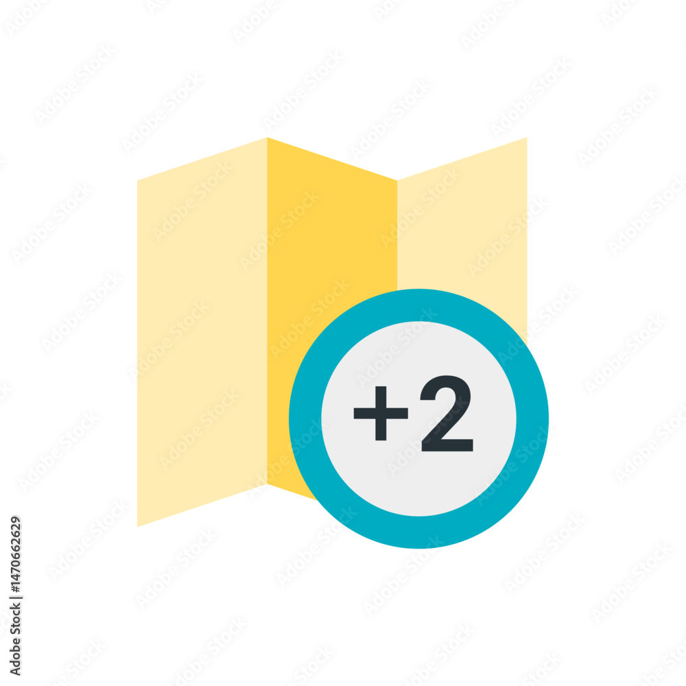 Poster yellow folded map with a circular badge displaying a plus sign and the number two on a white backgro