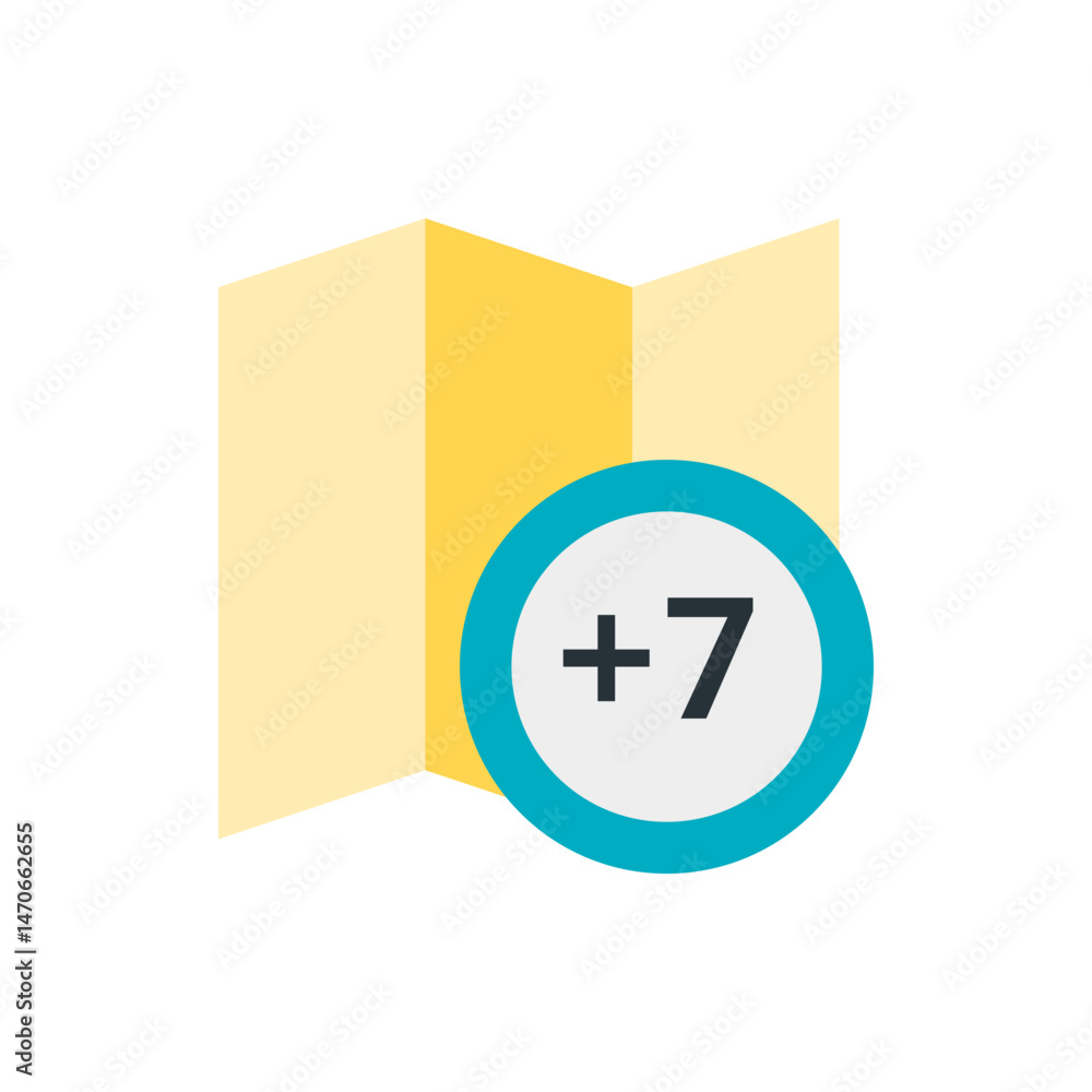 Poster a yellow map icon with folds and a blue circle containing a plus sign and the number seven overlayin