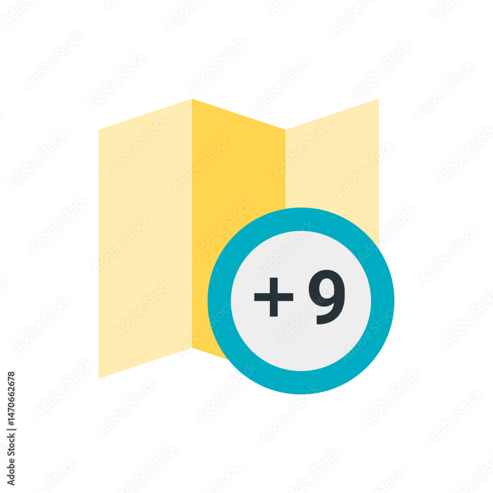 Poster a folded yellow map with a blue and white circle displaying the plus sign and the number nine icon