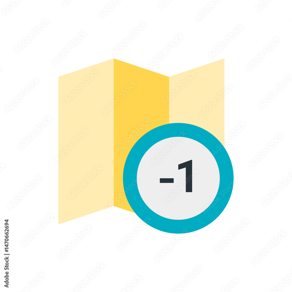 Poster yellow map with folding design and a circular icon displaying a negative one in the foreground view