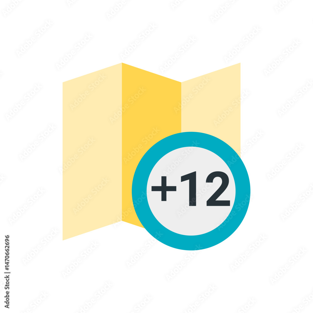 Poster folded map icon with plus twelve inside a circle indicating additional map layers or zoom levels ava