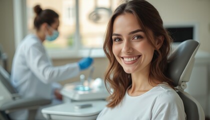 Brunette woman smiles during dental checkup. Dentist in background. Happy female patient in clinic. Healthy teeth concept. Orthodontic care. Medical checkup. Doctor office visit.
