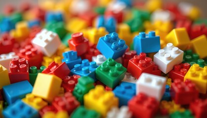 Naklejka premium Colorful building blocks background. Toy bricks various colors. Children playing educational game. Creative toy blocks background with copyspace for web, advertising. Bright background with geometric