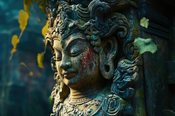 Fototapeta premium Serene weathered stone sculpture of a deity, intricate details and tranquil expression.
