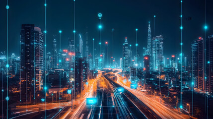 Obraz premium Digital Cityscape: A captivating view of a modern city, intertwined with a complex web of digital connections, representing the seamless integration of technology into urban life.