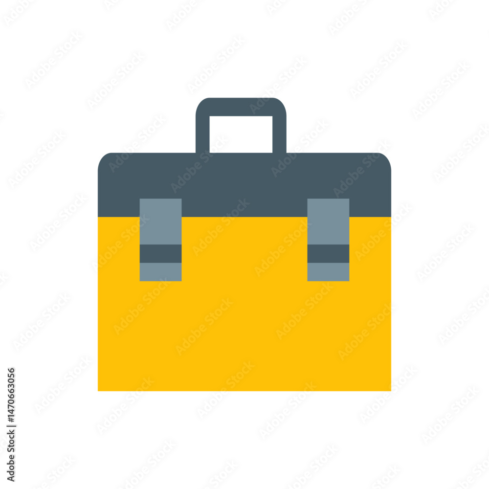 Poster illustration of a rectangular toolbox with a grey top, handle and yellow bottom section, tool contai