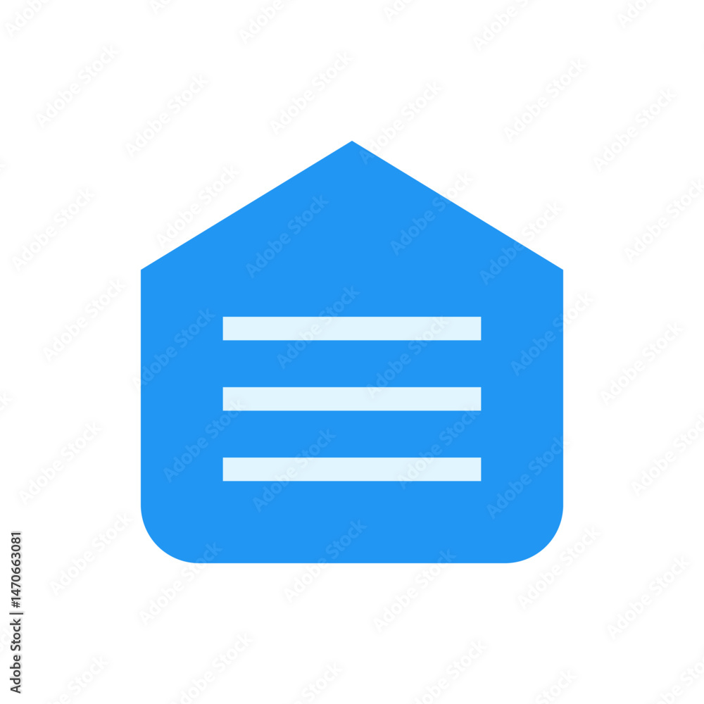Poster blue house shaped icon with rounded corners and three horizontal lines inside representing a menu ic