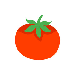 Illustration of a single red tomato with green leaves on top, isolated on a white background plain design